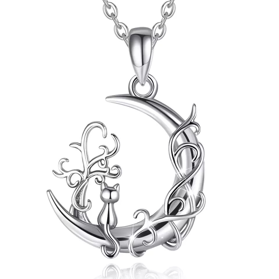 Celtic Moon and Cat Sterling Silver Necklace