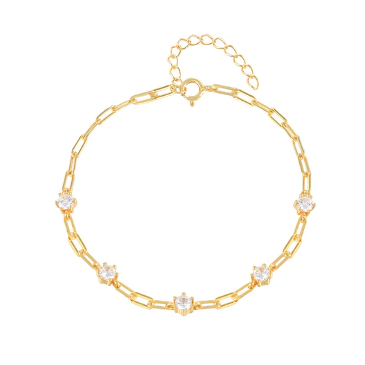 Paper Clip Chain Zircon Diamond Studded Charm Bracelet