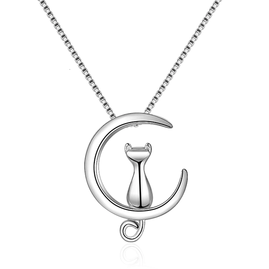 Moon and Cat Sterling Silver Necklace