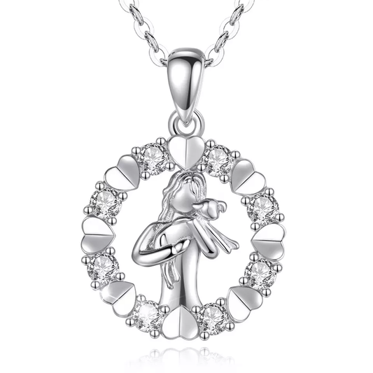 Elegant Circle of Life Girl and Dog Sterling Silver Necklace