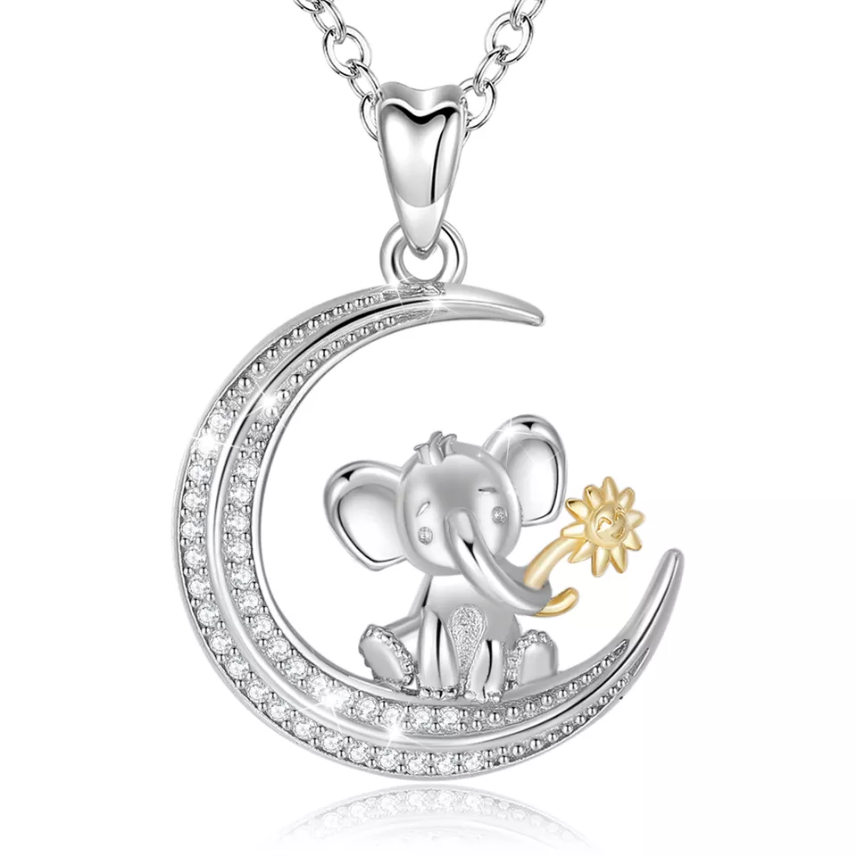 Lucky Moon and Little Elephant Sterling Silver Necklace