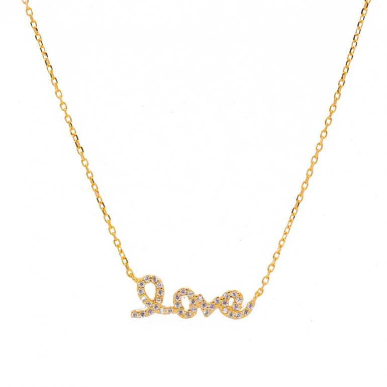 Love Word Sterling Silver Yellow Gold Plated Necklace