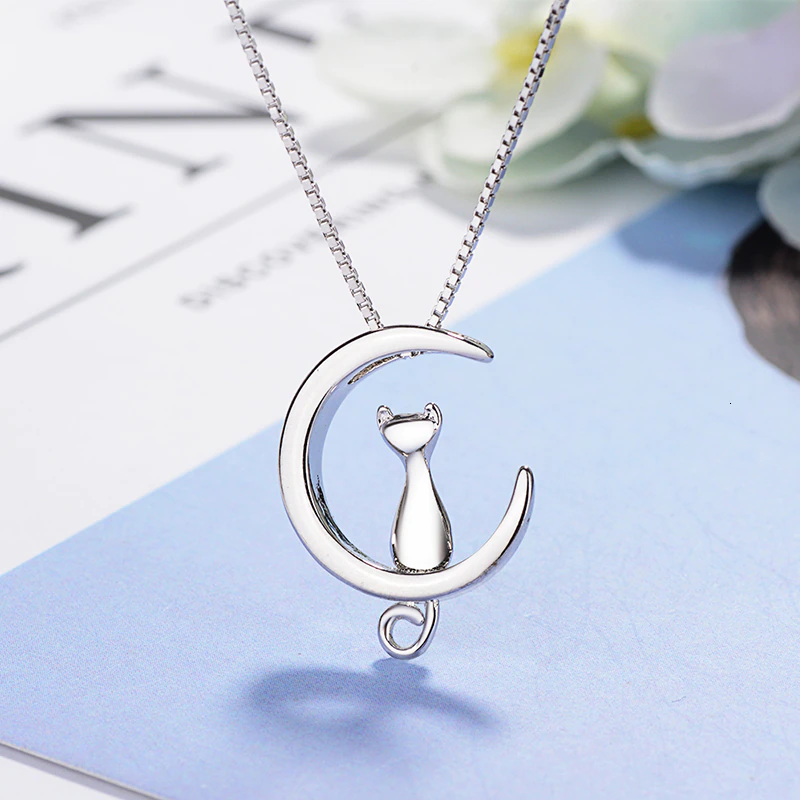 Moon and Cat Sterling Silver Necklace