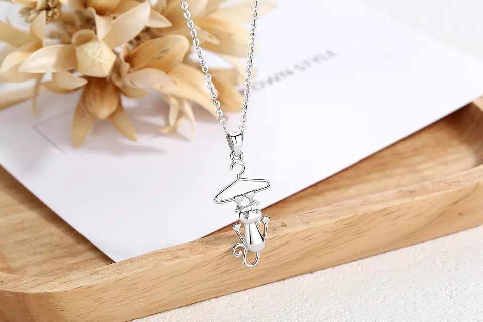 Hanging Funny Cat  Sterling Silver Necklace