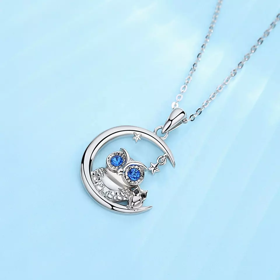 Lucky Moon Owl and Baby Pendant Sterling Silver Necklace