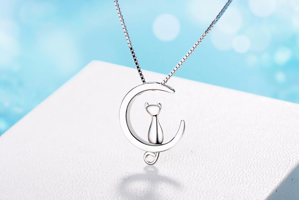 Moon and Cat Sterling Silver Necklace