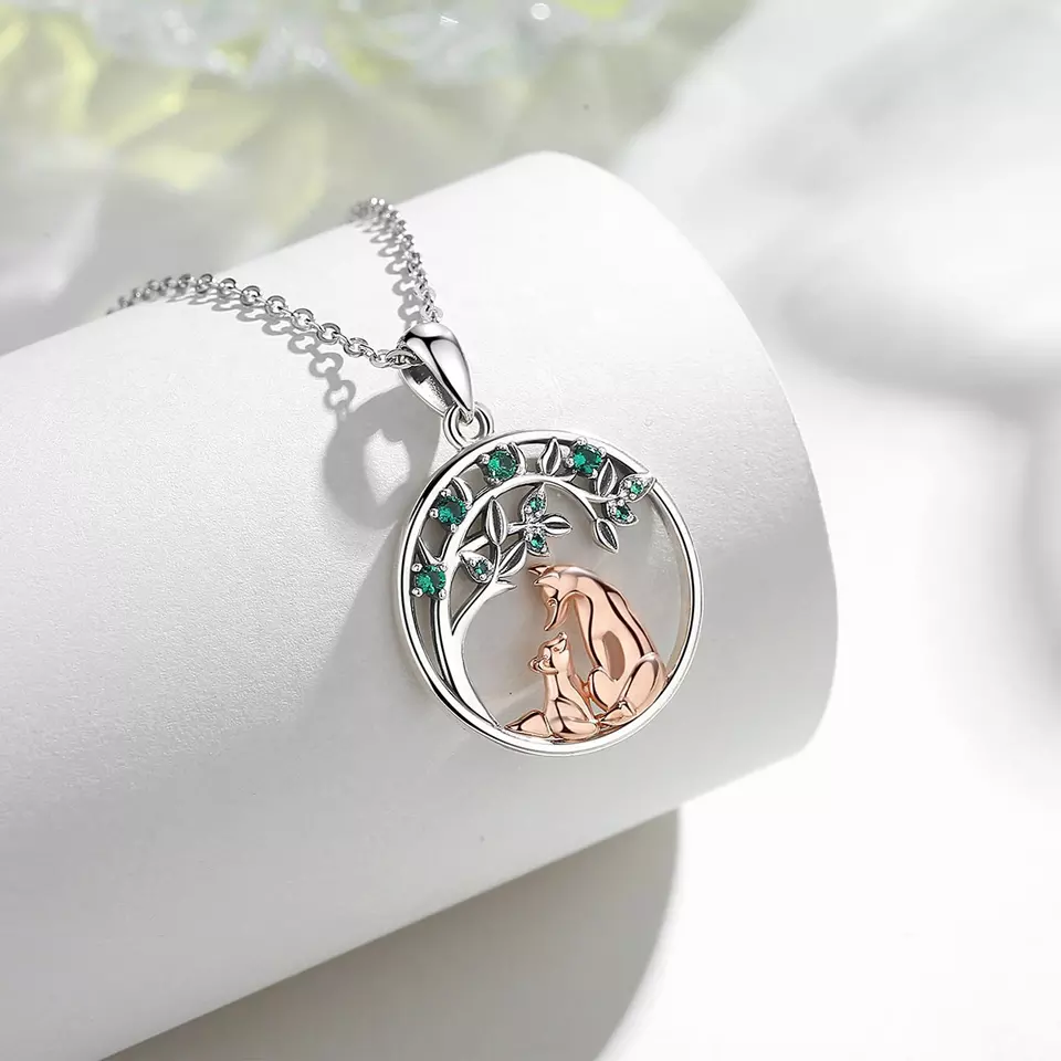 Elegant Fox and Baby Sterling Silver Necklace