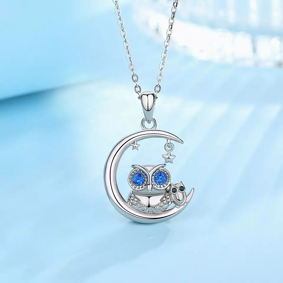 Lucky Moon Owl and Baby Pendant Sterling Silver Necklace