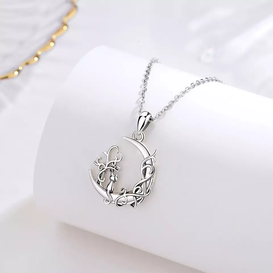 Celtic Moon and Cat Sterling Silver Necklace