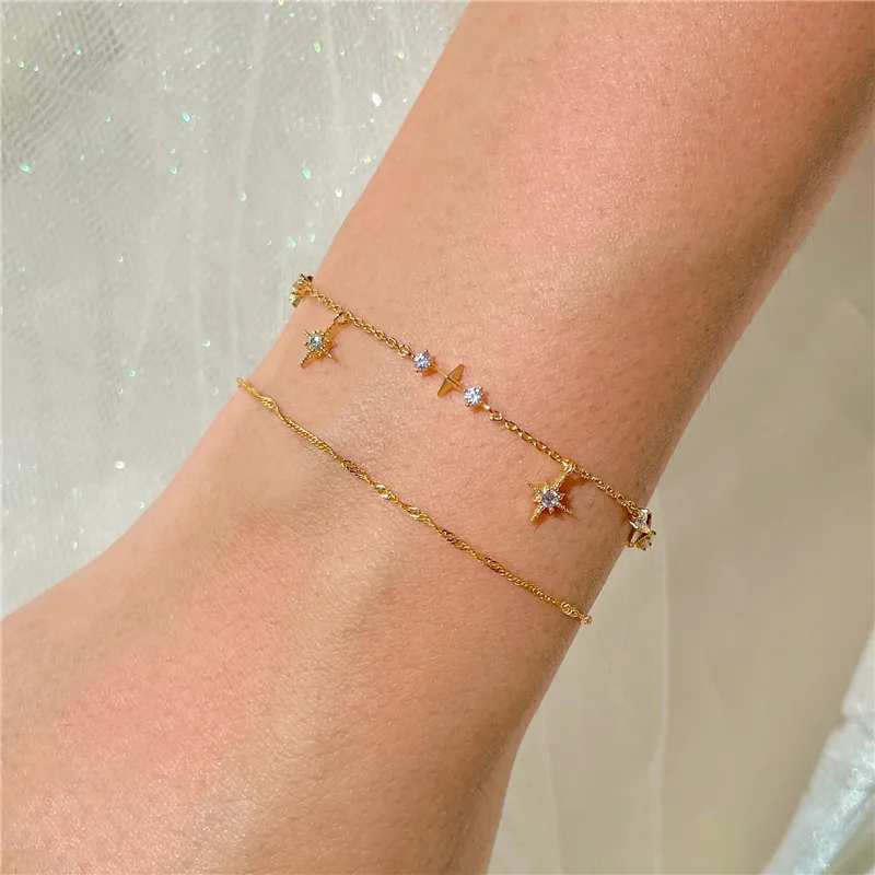 Gold Double Layered Star Moon Bracelet