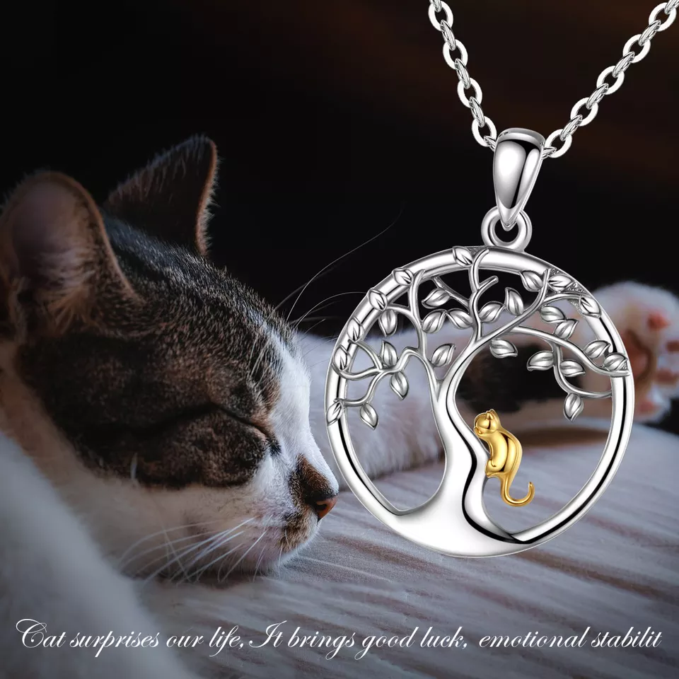 Naughty Cat on a Tree Sterling Silver Necklace