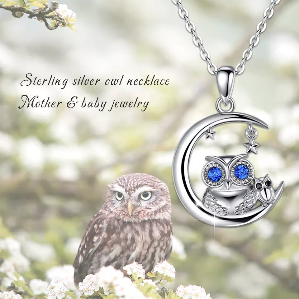 Lucky Moon Owl and Baby Pendant Sterling Silver Necklace