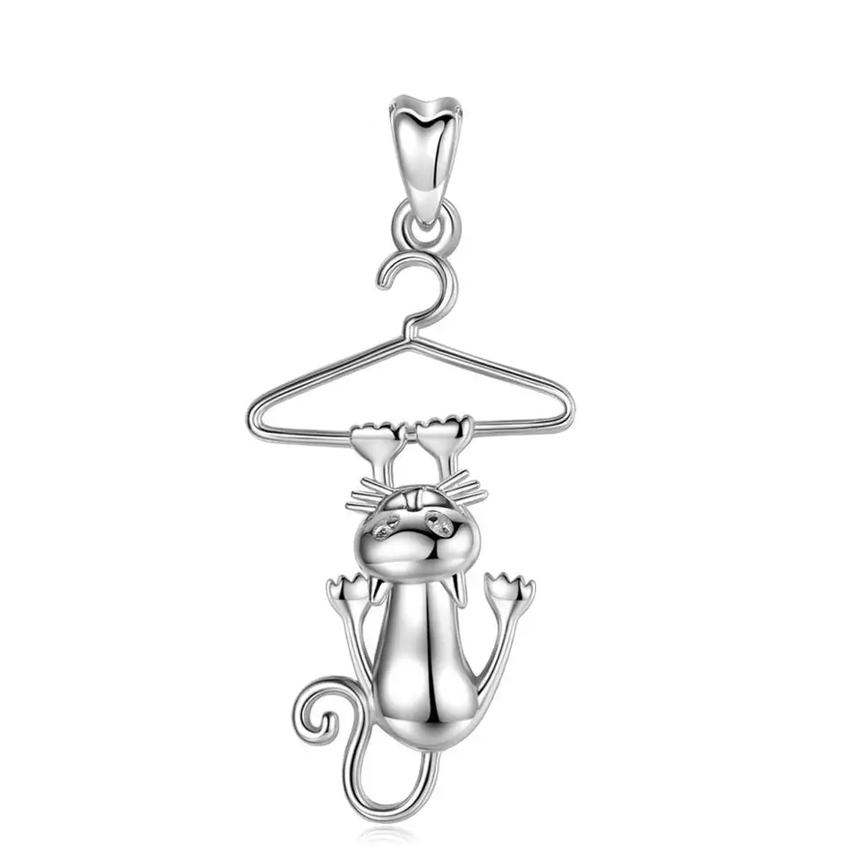 Hanging Funny Cat  Sterling Silver Necklace