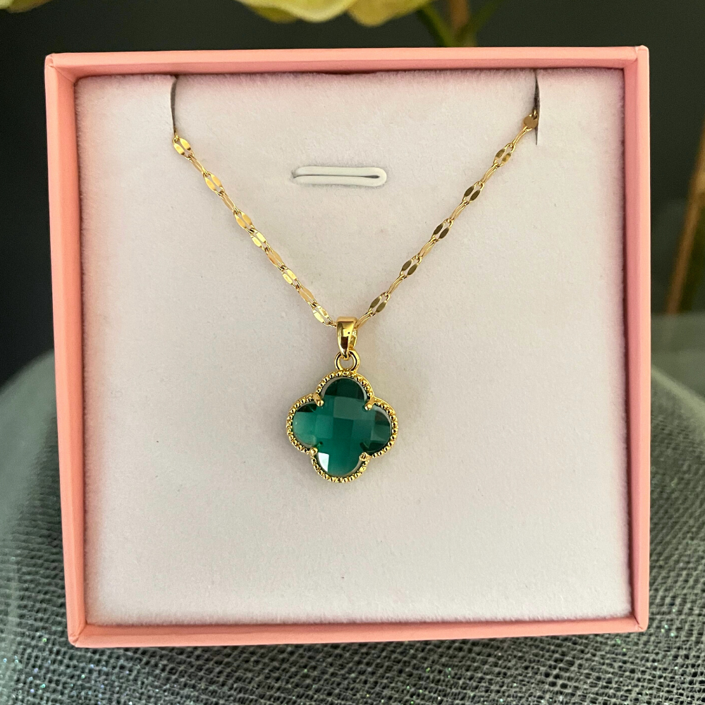 Four Leaf Clover Crystal Necklace 18k Gold Plated Green