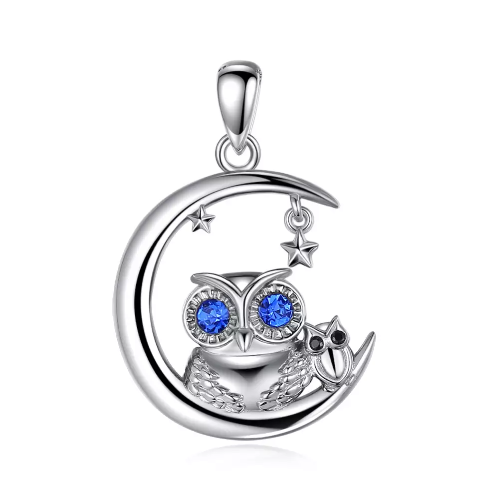 Lucky Moon Owl and Baby Pendant Sterling Silver Necklace