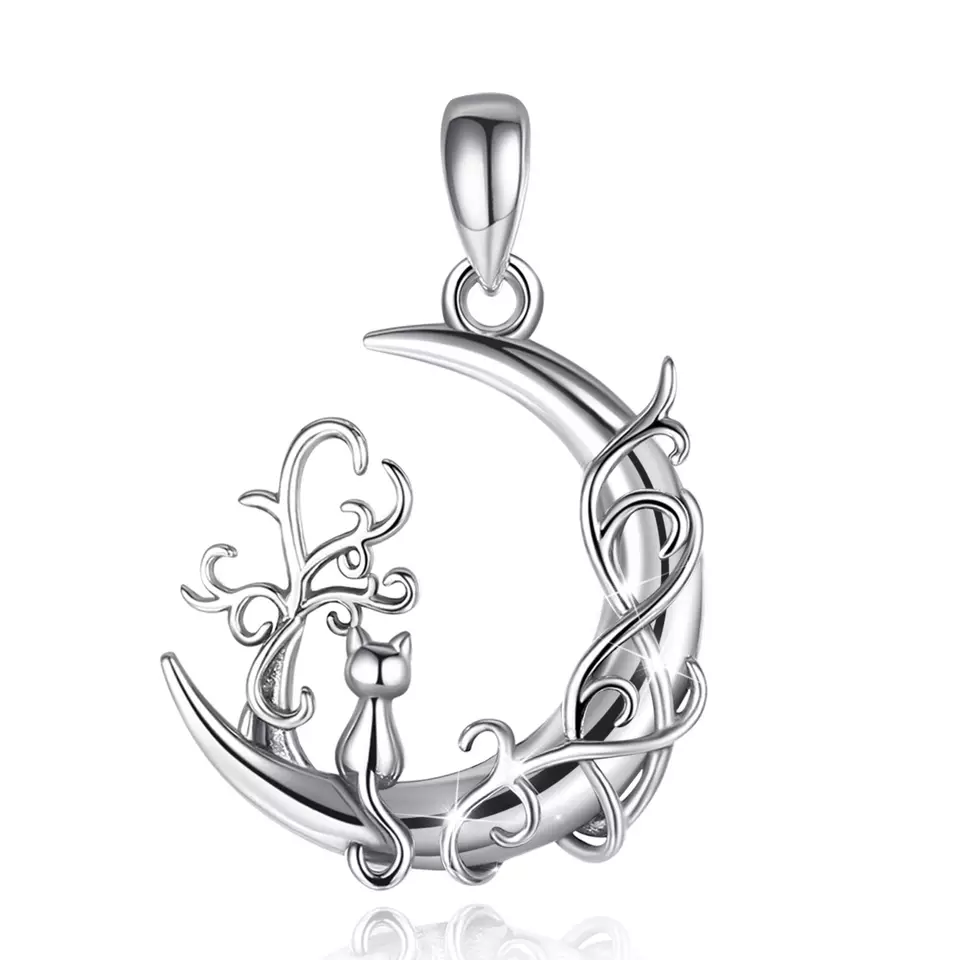 Celtic Moon and Cat Sterling Silver Necklace