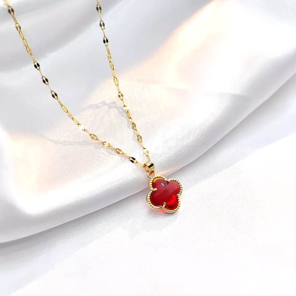 Four Leaf Clover Crystal Necklace 18k Gold Plated Red