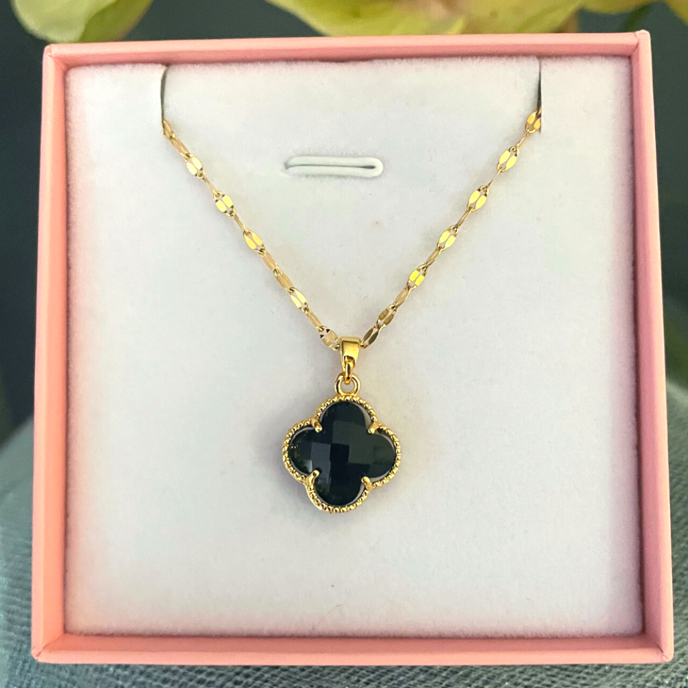 Four Leaf Clover Crystal Necklace 18k Gold Plated Black