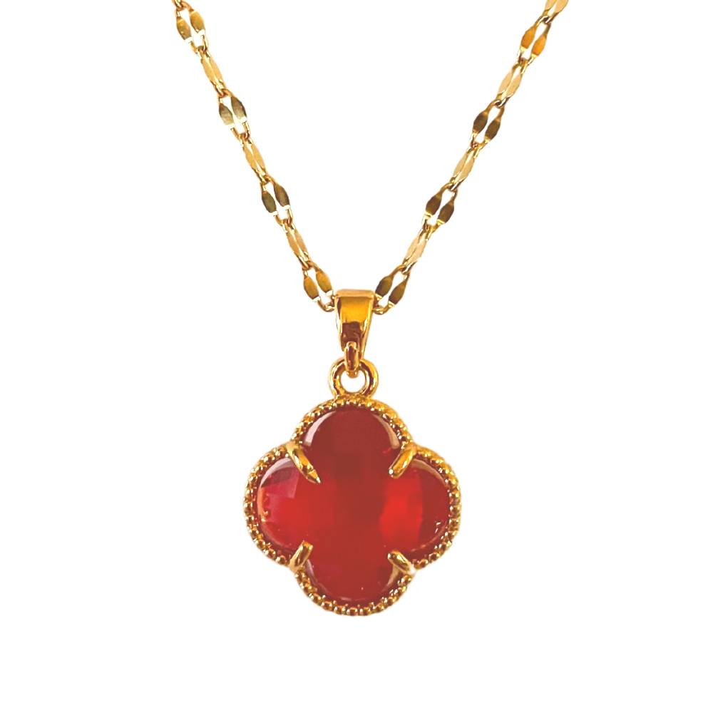 Four Leaf Clover Crystal Necklace 18k Gold Plated Red