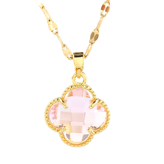 Four Leaf Clover Crystal Necklace 18k Gold Plated Pink