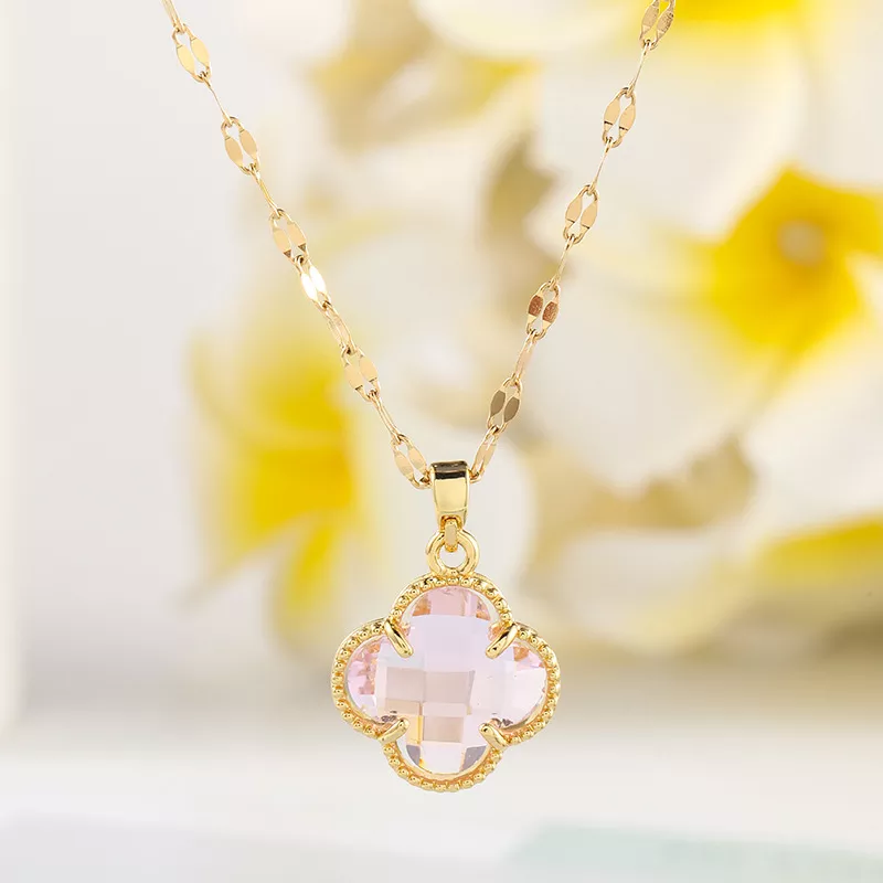 Four Leaf Clover Crystal Necklace 18k Gold Plated Pink