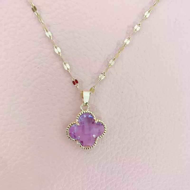 Four Leaf Clover Crystal Necklace 18k Gold Plated Lavender