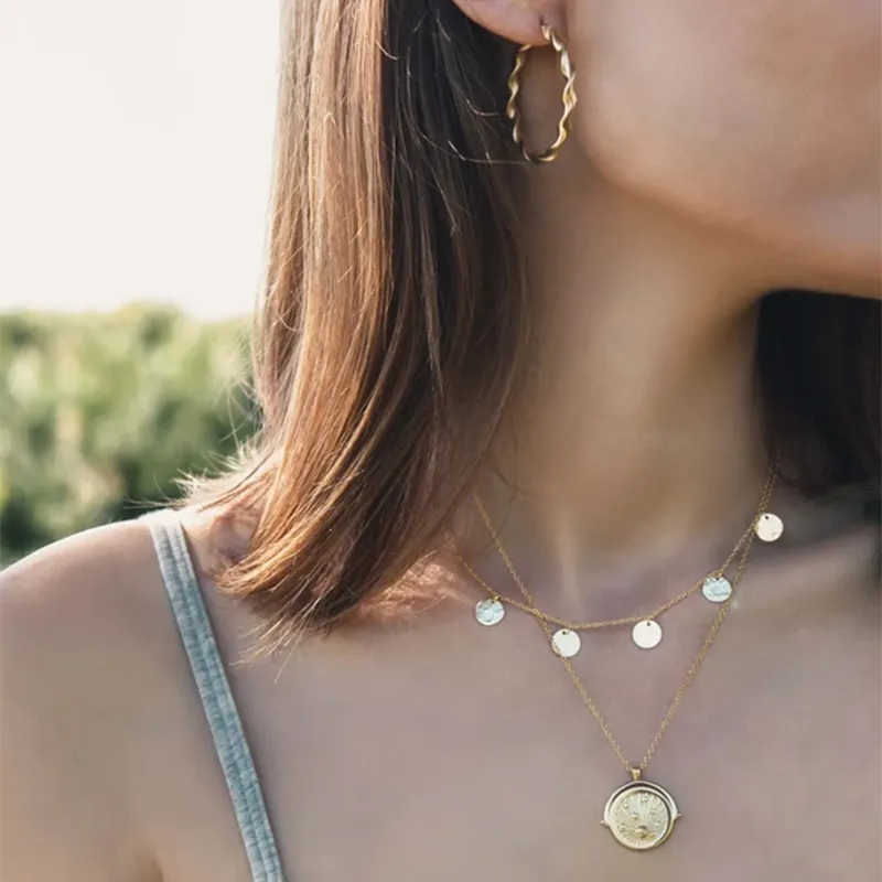 Sterling Silver Multiple Hammered Disc Necklace Dipped In Yellow Gold