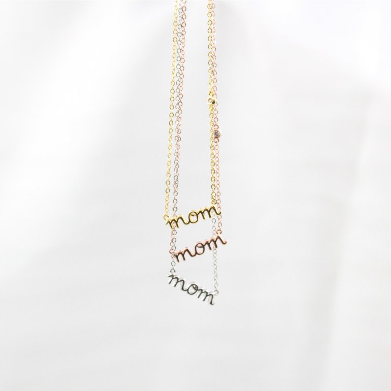 Cursive Mom Sterling Silver Necklace Yellow Gold Plated