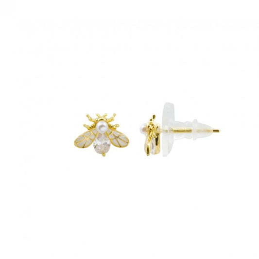 Sterling Silver Gold CZ, Pearl, and Enamel Firefly Studs