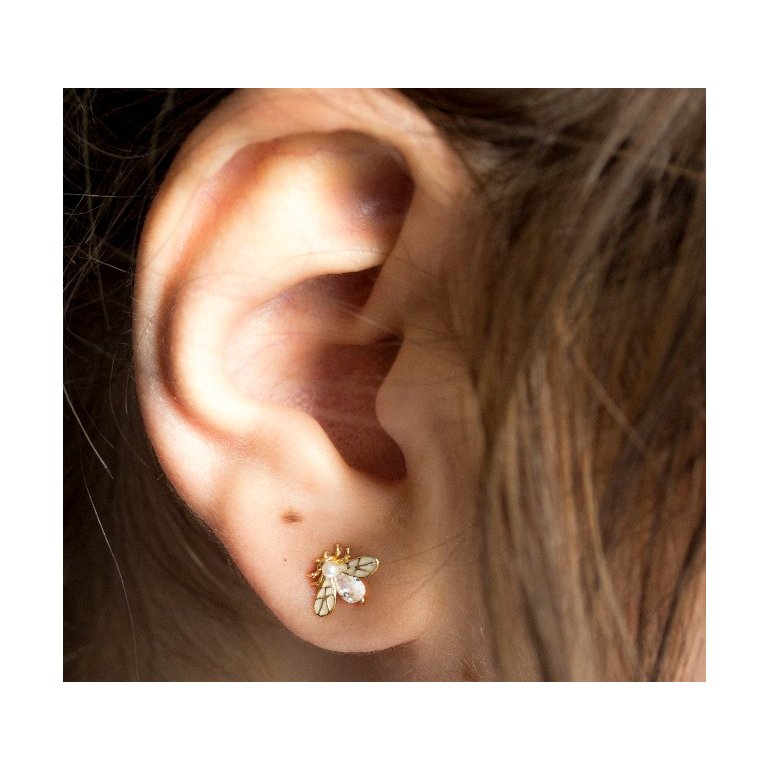 Sterling Silver Gold CZ, Pearl, and Enamel Firefly Studs