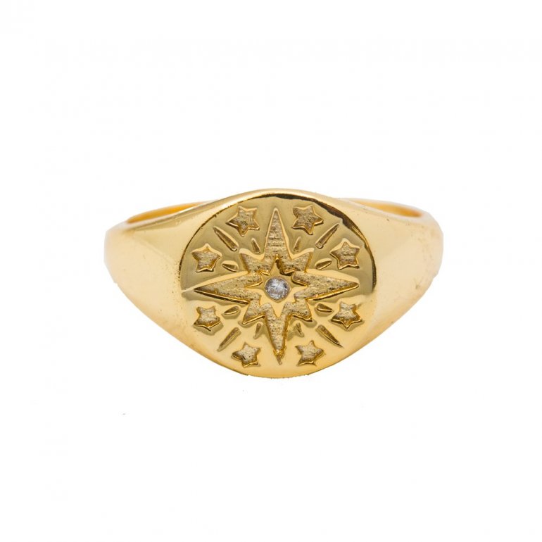 Sterling Silver Gold Plated Engraved North Star Signet Ring with CZ Centre