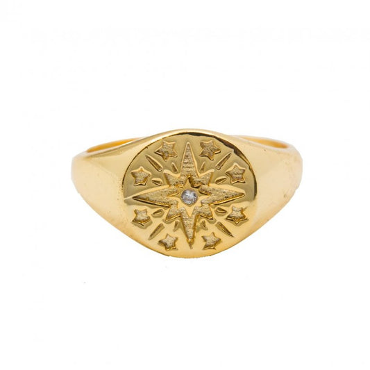 Sterling Silver Gold Plated Engraved North Star Signet Ring with CZ Centre