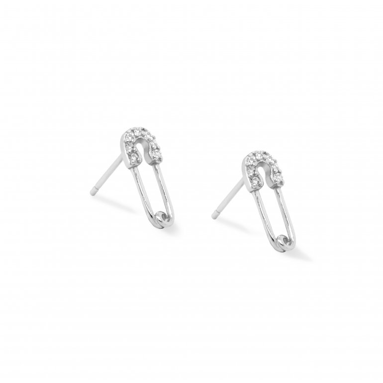 Sterling Silver Mini CZ Safety Pin Studs - Silver