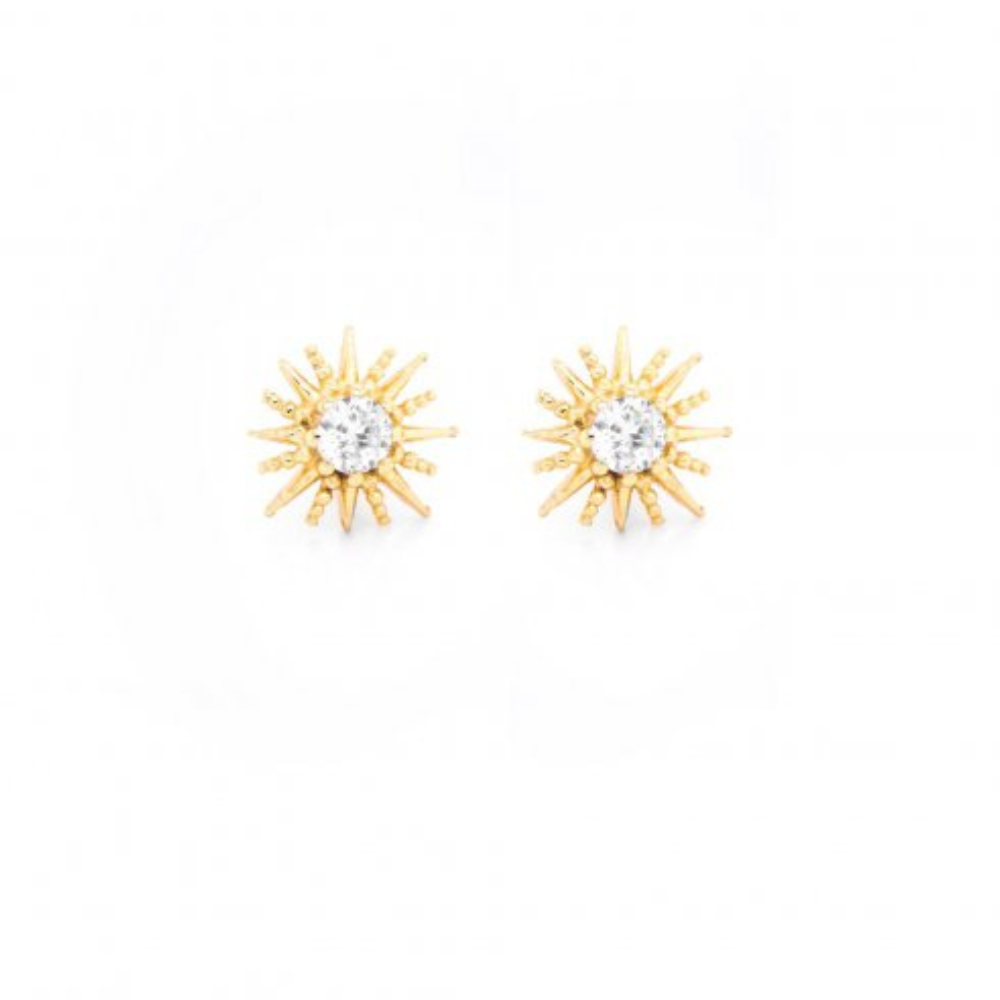 Mini Textured CZ Traditional Sunburst Studs Gold